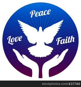 Dove peace flying from hands in sky. Love, freedom and religion faith vector concept. Peace and love, faith and hope illustration. Dove peace flying from hands in sky. Love, freedom and religion faith vector concept