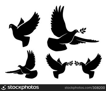 Dove silhouettes. Vector flying dove with olive branch black silhouettes on white background. Dove silhouettes