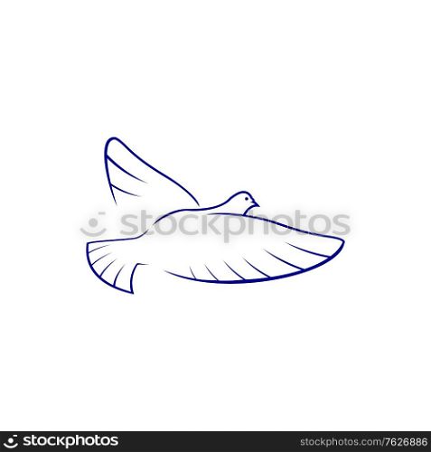 Dove symbol of piece and hope isolated bird. Vector flying pigeon silhouette, outstretched wings. Pigeon bird isolated holy dove