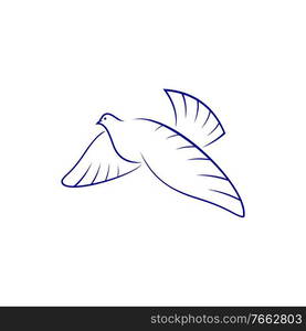 Dove symbol of piece and hope isolated bird. Vector flying pigeon silhouette, outstretched wings. Pigeon bird isolated holy dove