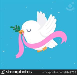Dove with branch. Bird of peace religion symbol with white pigeon and olive oil, freedom and love concept. Vector cartoon illustration. Animal holding plant and stripe in beak in sky. Dove with branch. Bird of peace religion symbol with white pigeon and olive oil, freedom and love concept. Vector cartoon illustration