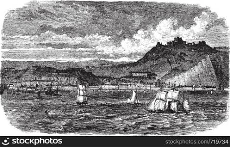 Dover in England, United Kingdom, during the 1890s, vintage engraving. Old engraved illustration of Dover showing ships at sea.
