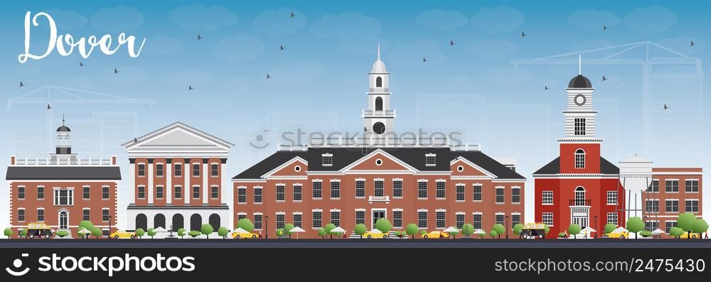 Dover Skyline with Color Buildings and Blue Sky. Vector Illustration. Business Travel and Tourism Concept with Historic Buildings. Image for Presentation Banner Placard and Web Site.