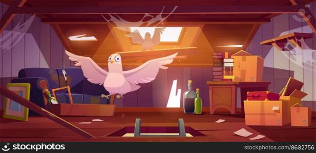 Doves in abandoned attic with old things, ladder in hatch, roof window and furniture. Pigeons live on dilapidated mansard or garret place with spider webs and antique stuff Cartoon vector illustration. Doves in abandoned attic with old things, ladder