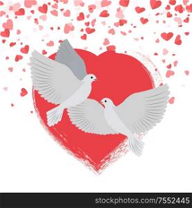 Doves in love pigeons birds hearts Saint Valentines day vector. Celebration of holiday in february, white birdies symbols of hope and purity flying. Doves in Love Pigeons Birds Hearts Valentines