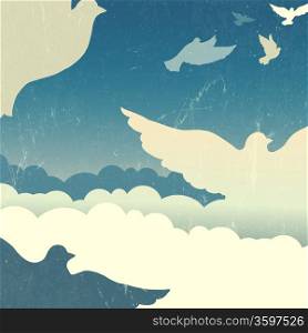 Doves in summer sky with clouds. Vector