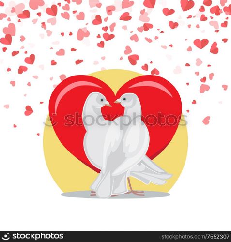 Doves symbol of love, Valentine postcard with animals decorated by hearts and circle on red vector. Embracing birds with raised wings look at each others. Doves Symbol of Love Valentine Postcard with Birds