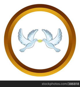 Doves with rings vector icon in golden circle, cartoon style isolated on white background. Doves with rings vector icon