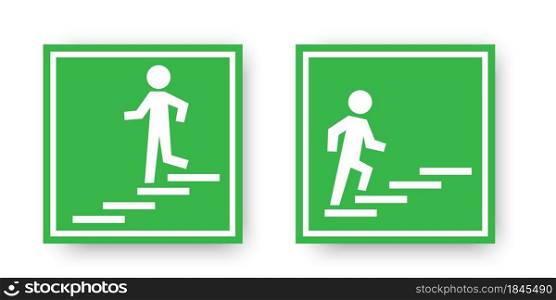 Down and up stairs icon in frame on green background. Emergency evacuation sign. Vector illustration. Stock image. EPS 10.. Down and up stairs icon in frame on green background. Emergency evacuation sign. Vector illustration. Stock image.