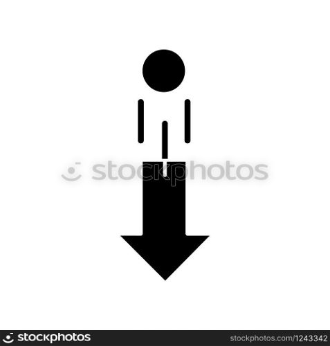 Down arrow and circle black glyph icon. Vertical scrolling gesture for touch screen. Scrolldown indicator, website pointer. Silhouette symbol on white space. Vector isolated illustration