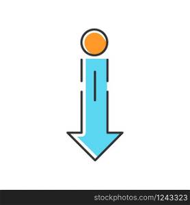 Down arrow and circle blue RGB color icon. Vertical scrolling gesture for touch screen. Scrolldown indicator, website pointer. Downloading process, web cursor. Isolated vector illustration