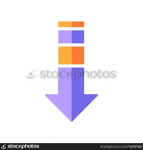 Down arrow flat design cartoon RGB color icon. Internet page browsing, website pointer. Way direction indicator. Downloading process, web cursor. Scrolldown button. Vector silhouette illustration