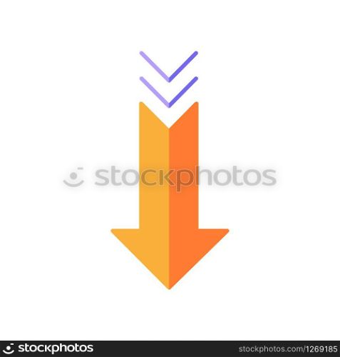 Down arrow flat design cartoon RGB color icon. Scrolldown gesture, interface navigational button. Website pointer. Way direction indicator. Downloading process. Vector silhouette illustration