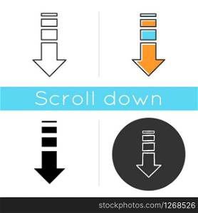 Down arrow icon. Internet page browsing, website pointer. Way direction indicator. Downloading process, web cursor. Scrolldown button. Linear black and RGB color styles. Isolated vector illustrations