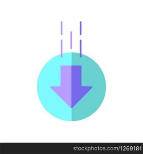 Down arrow in circle flat design cartoon RGB color icon. Moving arrowhead in round shape. Mobile app page browsing indicator. Website pointer. Scrolldown button. Vector silhouette illustration