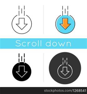 Down arrow in circle icon. Moving arrowhead in round shape. Mobile app page browsing indicator. Website pointer. Scrolldown button. Linear black and RGB color styles. Isolated vector illustrations