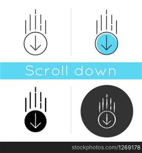Down arrow in circle icon. Page browsing direction. Website pointer. Web cursor. Scrolldown interface directional button in round shape. Linear black and RGB color style. Isolated vector illustrations