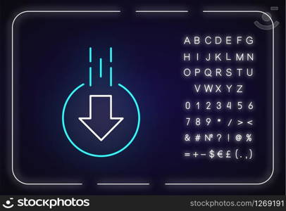 Down arrow in circle neon light icon. Moving arrowhead in round shape. Scrolldown button. Outer glowing effect. Sign with alphabet, numbers and symbols. Vector isolated RGB color illustration