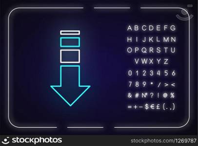 Down arrow neon light icon. Internet page browsing, website pointer. Way direction indicator. Outer glowing effect. Sign with alphabet, numbers and symbols. Vector isolated RGB color illustration