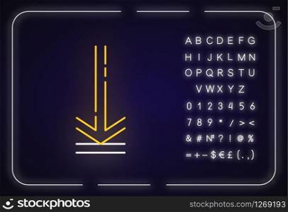 Down arrow, upload neon light icon. Page browsing direction. Website pointer. Downloading process, web cursor. Sign with alphabet, numbers and symbols. Vector isolated RGB color illustration