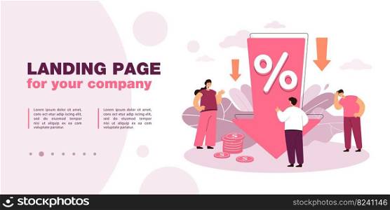 Down arrow with percentage decrease. Characters upset about profit reduction flat vector illustration. Financial loss, percent drop, discount concept for banner, website design or landing web page