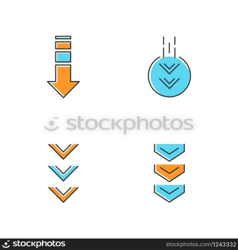 Down arrows blue and orange RGB color icons set. Double arrowhead in circle. Scrolldown buttons. Arrows interface navigation buttons. Website page cursor. Isolated vector illustrations