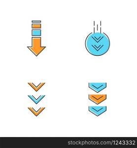 Down arrows blue and orange RGB color icons set. Double arrowhead in circle. Scrolldown buttons. Arrows interface navigation buttons. Website page cursor. Isolated vector illustrations