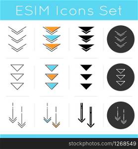 Down arrows icons set. Double arrowhead in circle. Scrolldown buttons. Arrows interface navigation buttons. Website page cursor. Linear, black and RGB color styles. Isolated vector illustrations