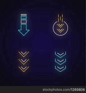 Down arrows neon light icons set. Double arrowhead in circle. Scrolldown buttons. Arrows interface navigation buttons. Signs with outer glowing effect. Vector isolated RGB color illustrations