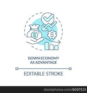 Down economy as advantage turquoise concept icon. IT fundraising tip abstract idea thin line illustration. Isolated outline drawing. Editable stroke. Arial, Myriad Pro-Bold fonts used. Down economy as advantage turquoise concept icon