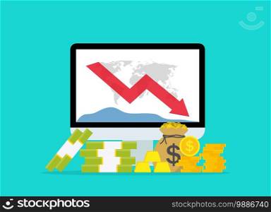 Down of money budget on data graph. Chart of loss of money on computer screen. Low of cost dollar on stock market. Financial crisis or bankruptcy of economy. Icon of fall investment. Vector.. Down of money budget on data graph. Chart of loss of money on computer screen. Low of cost dollar on stock market. Financial crisis or bankruptcy of economy. Icon of fall investment. Vector