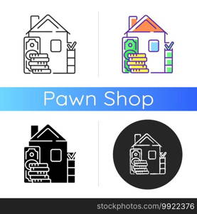 Down payment icon. Expensive goods purchase. Initial upfront partial payment. Real estate transaction. Full purchase price percentage. Linear black and RGB color styles. Isolated vector illustrations. Down payment icon