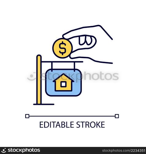 Down payment RGB color icon. Amount of cash. Loan for buying house. Real estate. Property sale. Isolated vector illustration. Simple filled line drawing. Editable stroke. Arial font used. Down payment RGB color icon