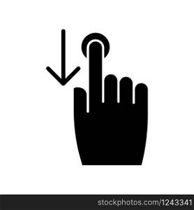 Down scrolling finger black glyph icon. Scrolldown gesture for smartphone touch screen. Hand and downward arrow button. Silhouette symbol on white space. Vector isolated illustration
