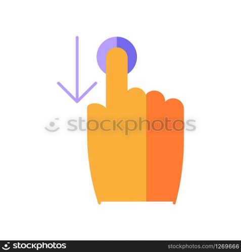 Down scrolling finger flat design cartoon RGB color icon. Scrolldown gesture for smartphone touch screen. Hand and downward arrow button. Computer cursor. Vector silhouette illustration