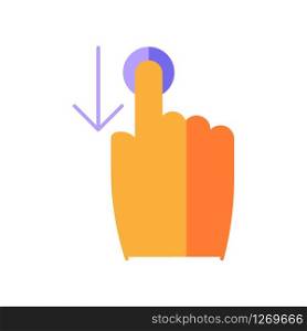 Down scrolling finger flat design cartoon RGB color icon. Scrolldown gesture for smartphone touch screen. Hand and downward arrow button. Computer cursor. Vector silhouette illustration