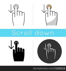 Down scrolling finger icon. Scrolldown gesture for smartphone touch screen. Hand and downward arrow button. Computer cursor. Linear black and RGB color styles. Isolated vector illustrations