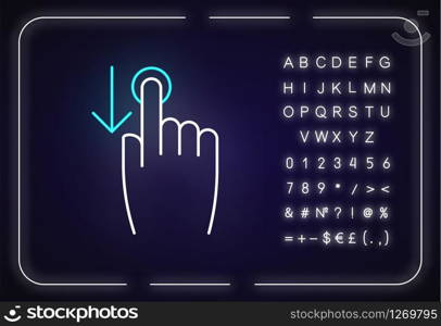 Down scrolling finger neon light icon. Scrolldown gesture for smartphone touch screen. Outer glowing effect. Sign with alphabet, numbers and symbols. Vector isolated RGB color illustration