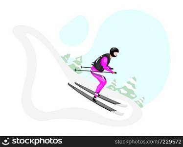 Downhill skiing flat vector illustration. Extreme winter sports. Active lifestyle. Outdoor activities on snowy mountainside. Sportsman on skis isolated cartoon character on blue background. Downhill skiing flat vector illustration