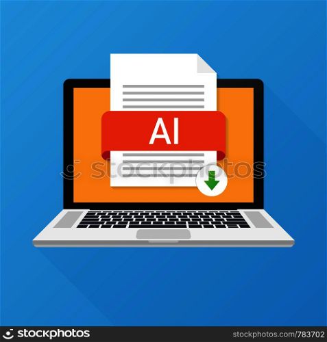 Download AI button on laptop screen. Downloading document concept. File with AI label and down arrow sign. Vector stock illustration.