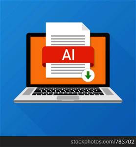 Download AI button on laptop screen. Downloading document concept. File with AI label and down arrow sign. Vector stock illustration.