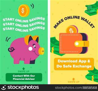 Download application and make online wallet, do safe exchange and contact with our financial advisor for support and assistance. Piggy with dollar coin and banknotes banners. Vector in flat style. Start online savings, make wallet and download app