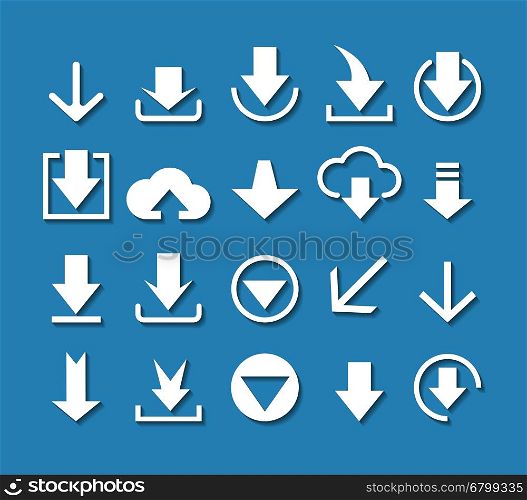 Download arrow icon set. White download arrow icon set on blue background. Vector design elements