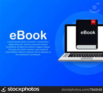 Download book. E-book marketing, content marketing, ebook download on laptop. Vector stock illustration.