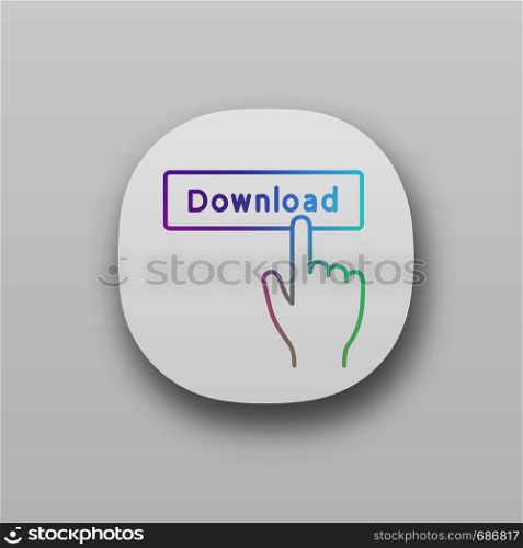 Download button click app icon. UI/UX user interface. Data receiving. Hand pressing button. Download app. Web or mobile application. Vector isolated illustration. Download button click app icon