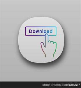 Download button click app icon. UI/UX user interface. Data receiving. Hand pressing button. Download app. Web or mobile application. Vector isolated illustration. Download button click app icon
