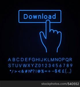 Download button click neon light icon. Data receiving. Hand pressing button. Download app. Glowing sign with alphabet, numbers and symbols. Vector isolated illustration. Download button click neon light icon