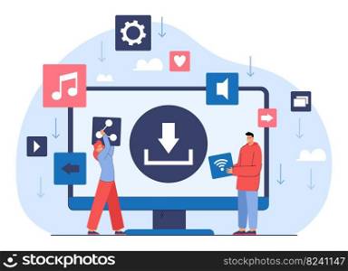 Download button on computer screen and people transferring files. Uploading digital data  videos or films, music, documents flat vector illustration. Multimedia, piracy, Internet concept for banner