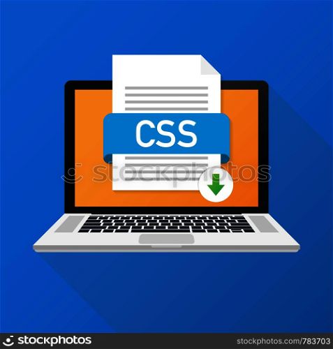 Download CSS button on laptop screen. Downloading document concept. File with CSS label and down arrow sign. Vector stock illustration.