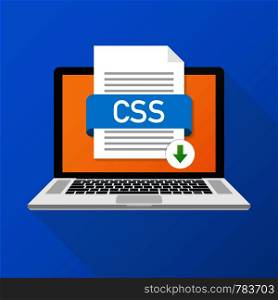 Download CSS button on laptop screen. Downloading document concept. File with CSS label and down arrow sign. Vector stock illustration.
